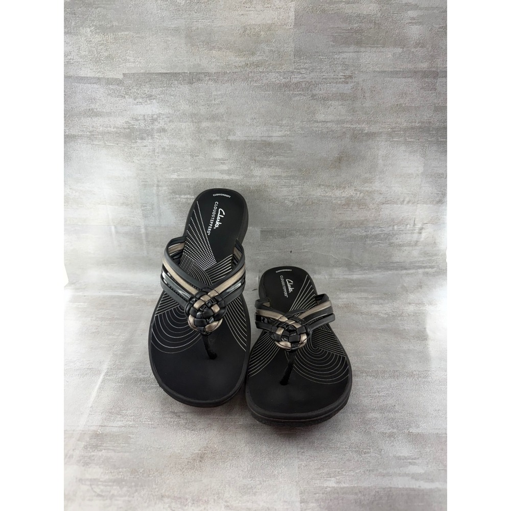 Clarks Cloudsteppers Arla Glison Black Pewter Flip Flop Sandals Women Sz 9 M